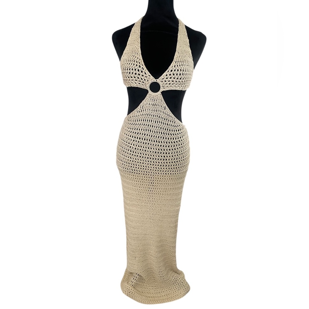 Resort,Vacation,Beach Tan crochet ring cut-out sweater dress,halter,tie,Large - Picture 8 of 8